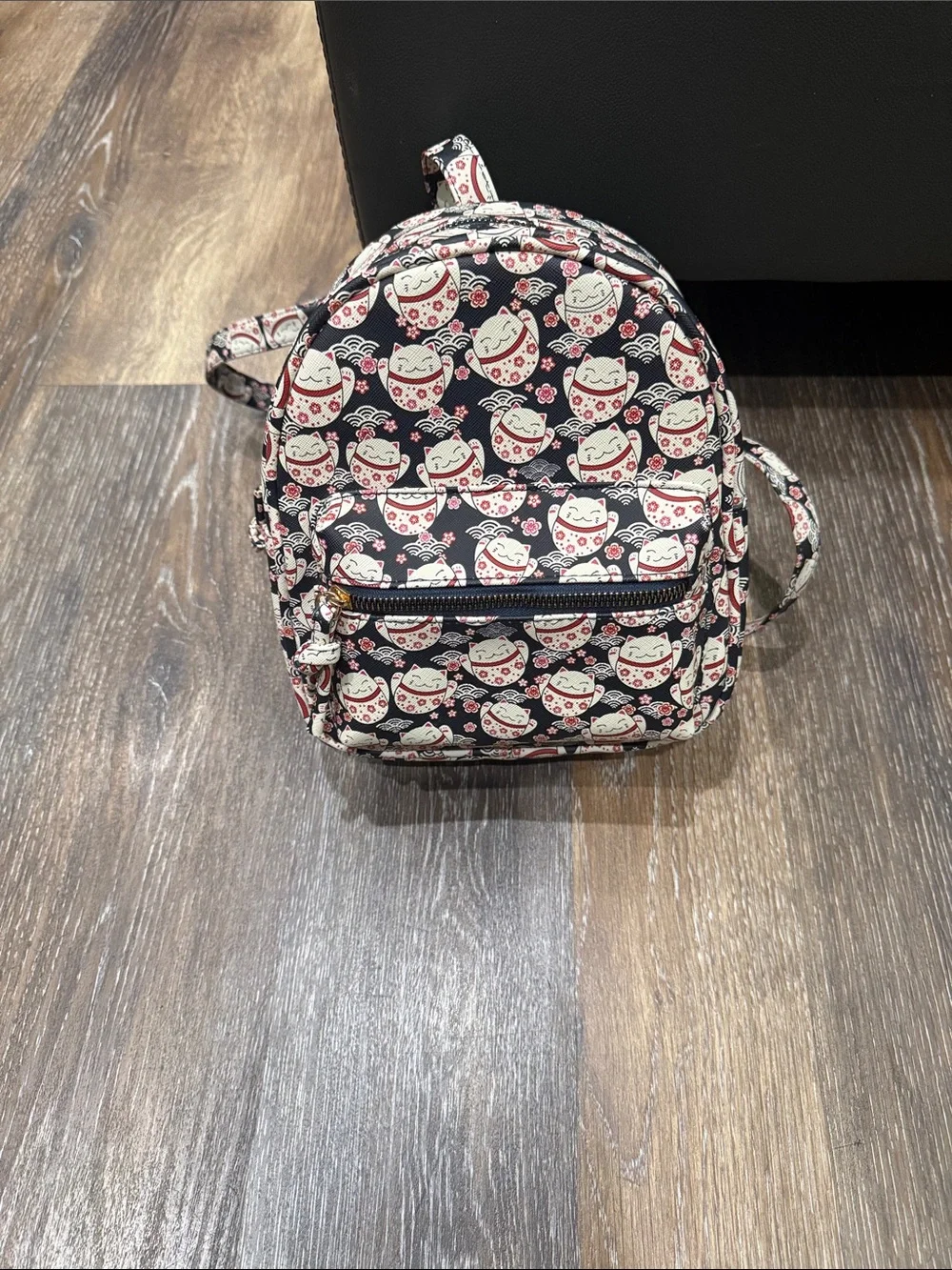Cute Lucky Cat Print Mini Backpack - Black & Pink